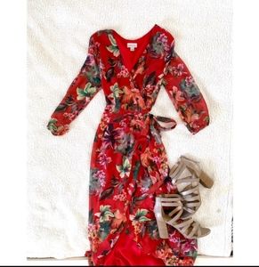 Sweet Pea Red Floral Long Sleeve Wrap Dress Small